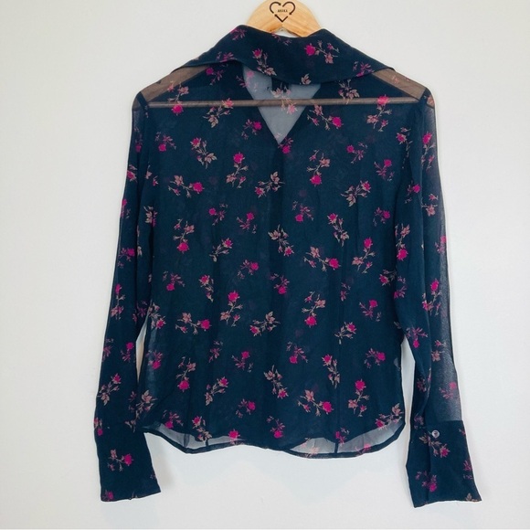 Vintage 90s Express sheer black silk button front rose print top. Size 5-6 - Picture 5 of 5